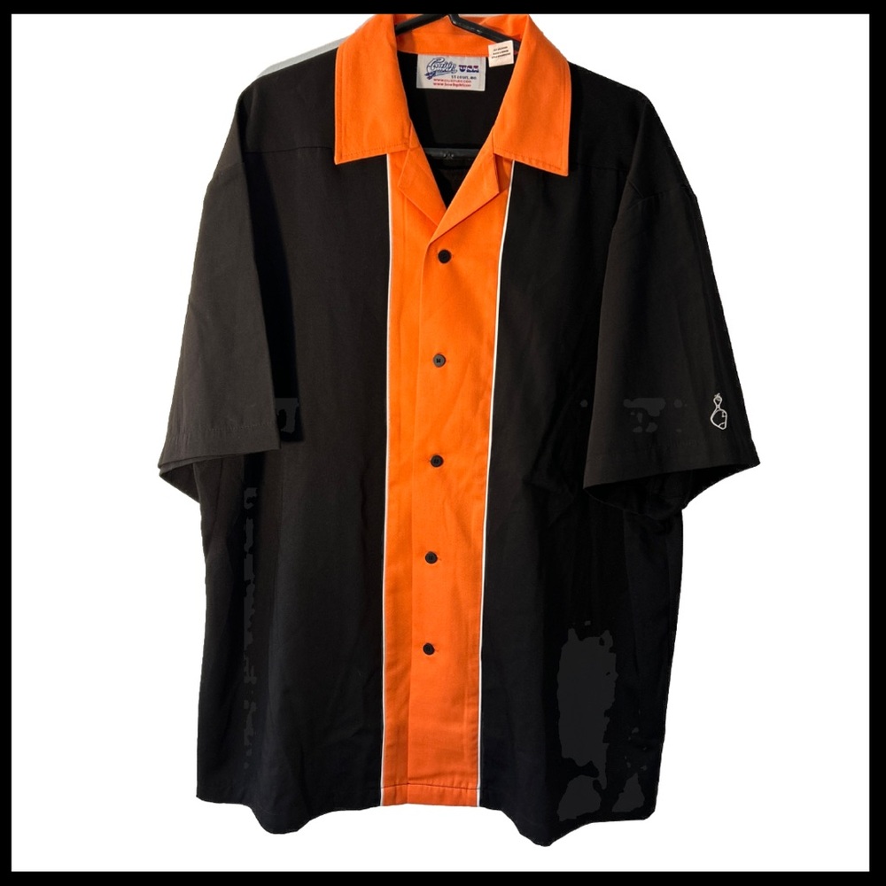 Cruisin USA Bowling Shirt Sz XL Black Orange EUC Bowlmor Lanes Swingmaster Retro